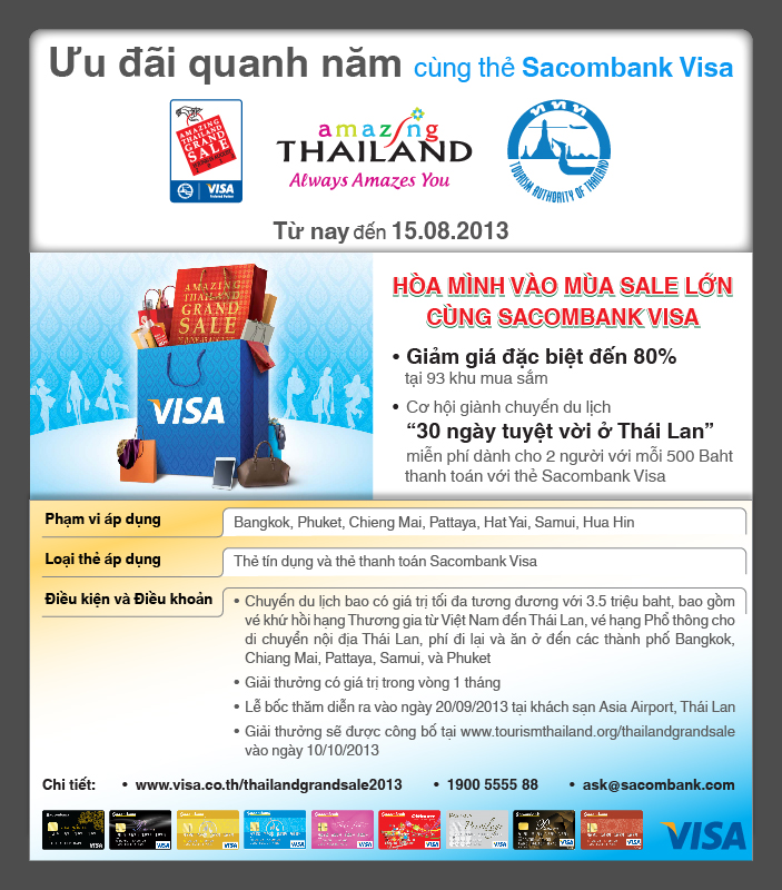 Sacombank ưu đãi chủ thẻ Sacombank visa tại Thái lan