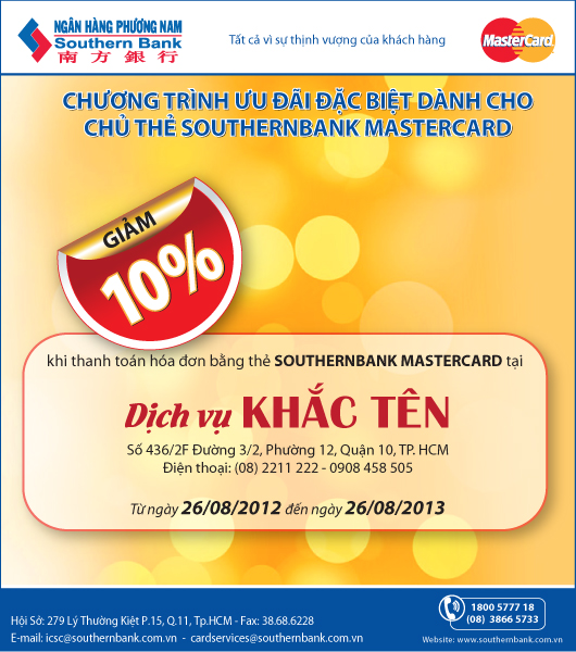 Giảm giá đến 10% cho chủ thẻ Southernbank MasterCard sử dụng tại dịch vụ Khắc Tên