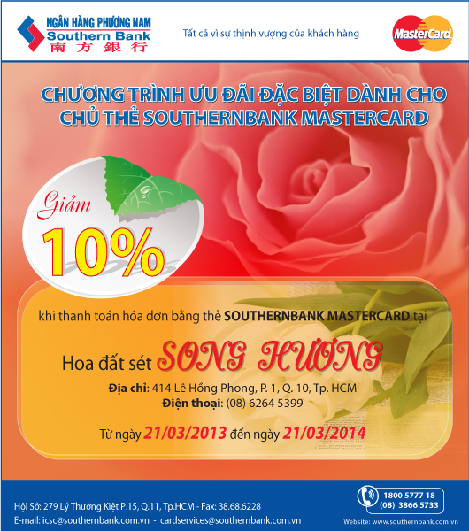 Ưu đãi 10% cho khách hàng sở hữu Southernbank MasterCard tại Hoa đất sét Song Hương