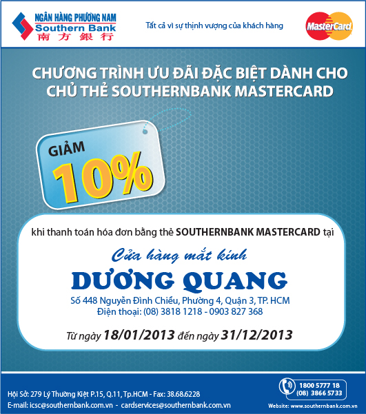 Kính mắt Dương Quang ưu đãi lên đến 10% dành riêng cho chủ thẻ Southernbank MasterCard