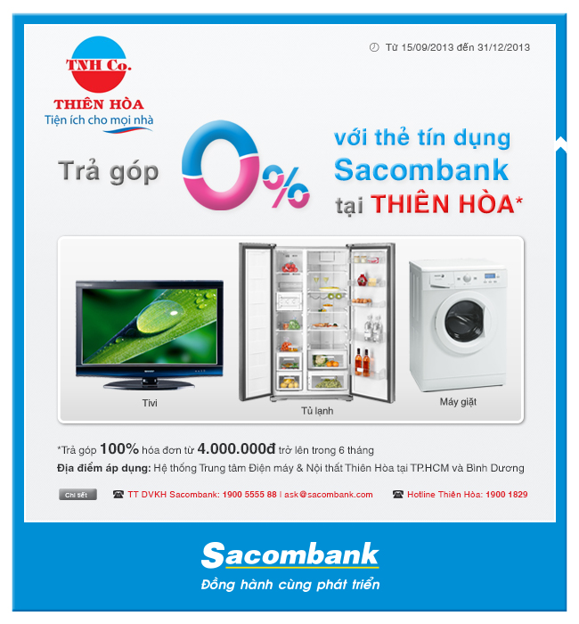 Dien may Thien Hoa khuyen mai tra gop 0% voi the tin dung SacomBank