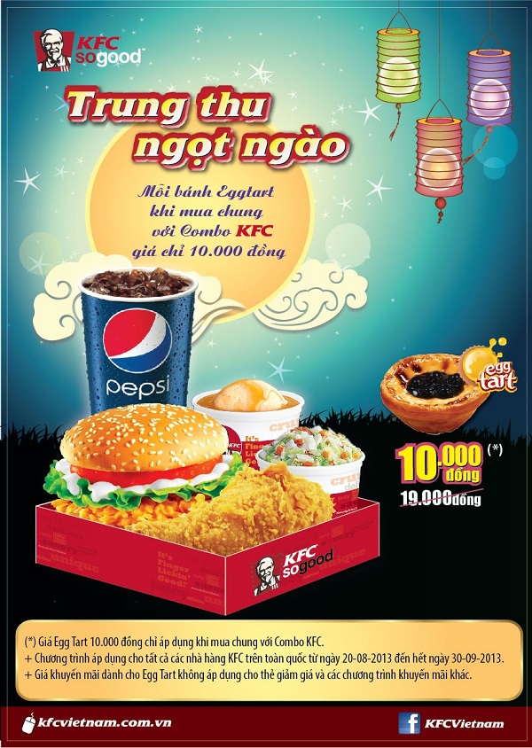 mua Combo KFC, các bạn sẽ được mua thêm 01 bánh Egg Tart loại thường hoặc 01 bánh Egg Tart nhân Việt Quất với giá chỉ 10.000 đồng/cái.