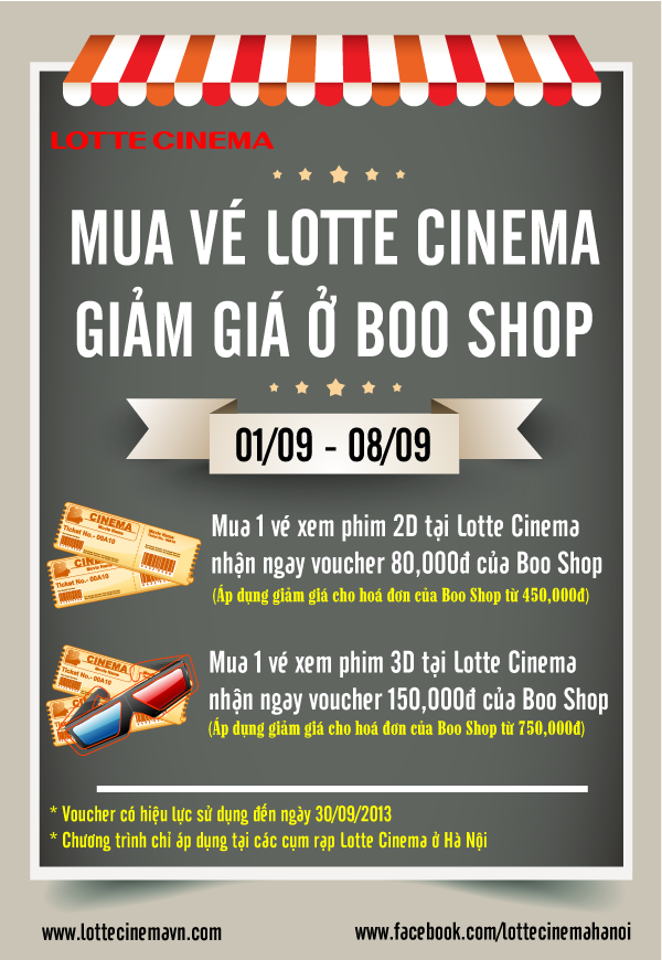 Lotte cinema Hà Nội tặng voucher cho giảm giá cho khách hàng tại Boo shop