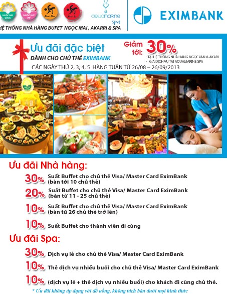 Thẻ eximbank được khuyến mãi lớn tại hệ thống nhà hàng buffet Ngọc Mai akarri &spa