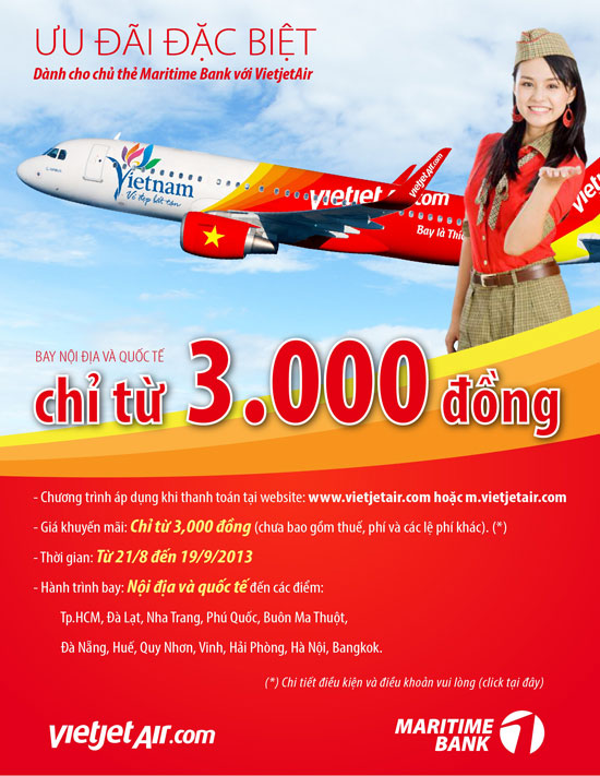 Ưu đãi đặc biệt mua vé Vietjet Air giá từ 3.000VND cho chủ thẻ Maritimebank