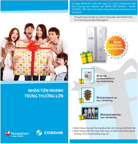 “Nhận tiền nhanh– Trúng thưởng lớn ” dành cho khách hàng nhận tiền MoneyGram tại Eximbank