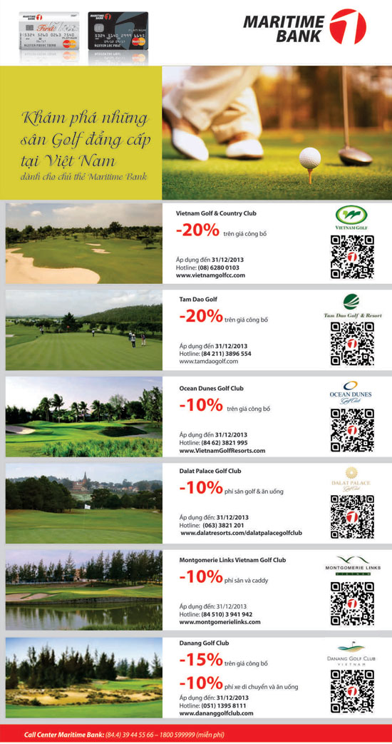thỏa sức chơi golf tai các sân golf đẳng cấp tại Việt Nam với chủ thẻ Maritime Bank Platinum và Chủ thẻ ghi nợ quốc tế Platinum.