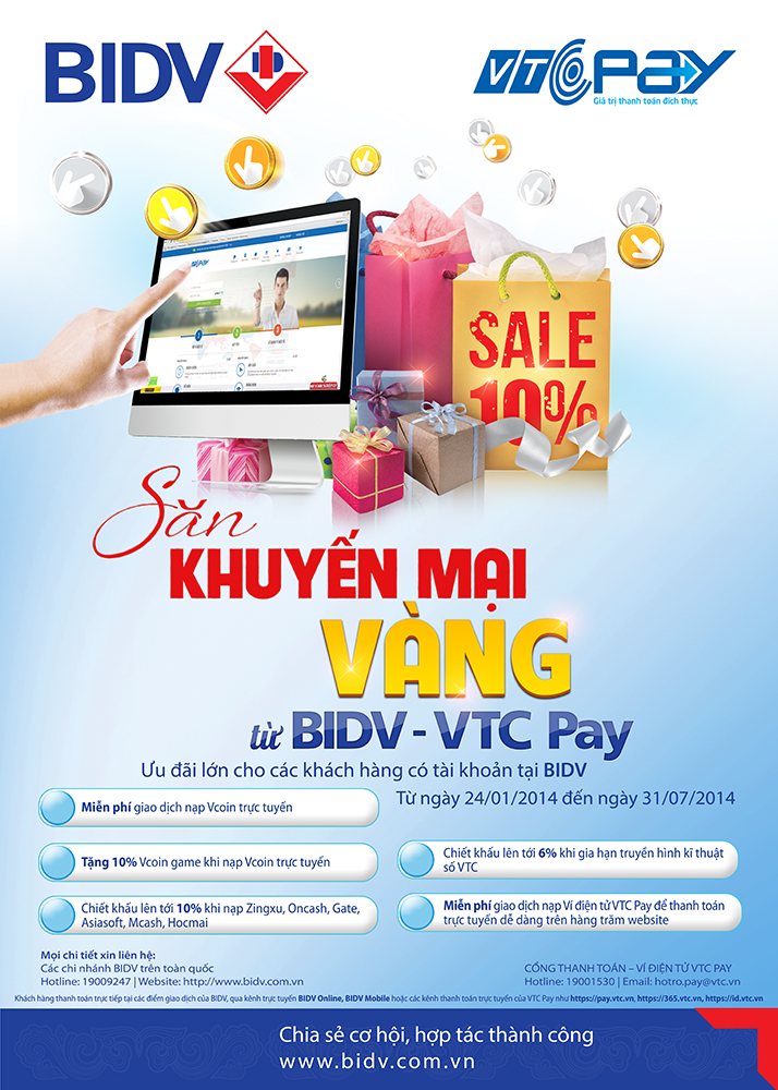 Khuyến mãi vàng tại VTC Pay khi thanh toán bằng tài khoản BIDV